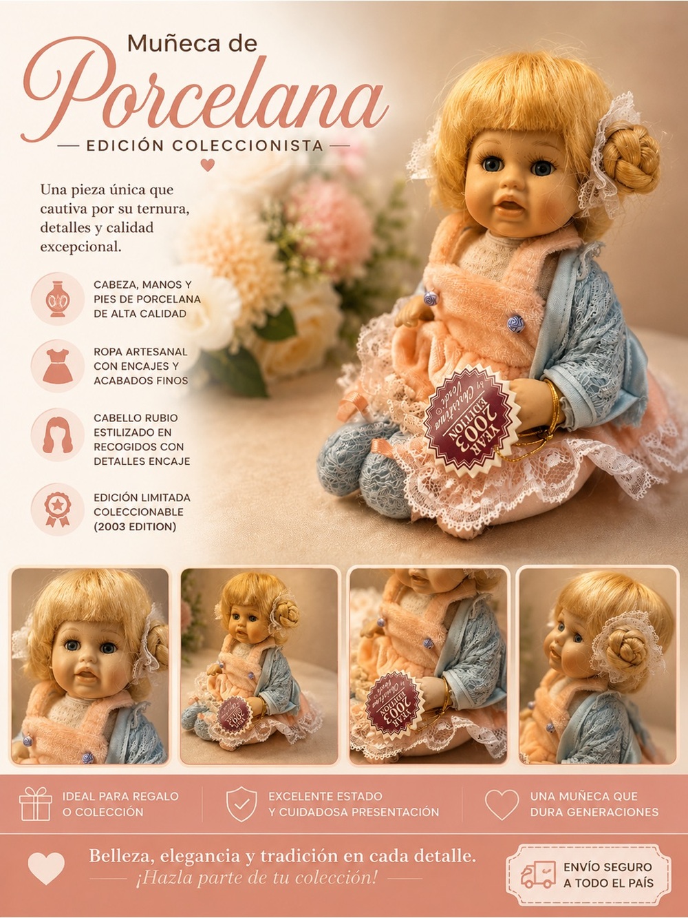 Muñeca de Porcelana Rubia edición coleccionista - Peach & Blue